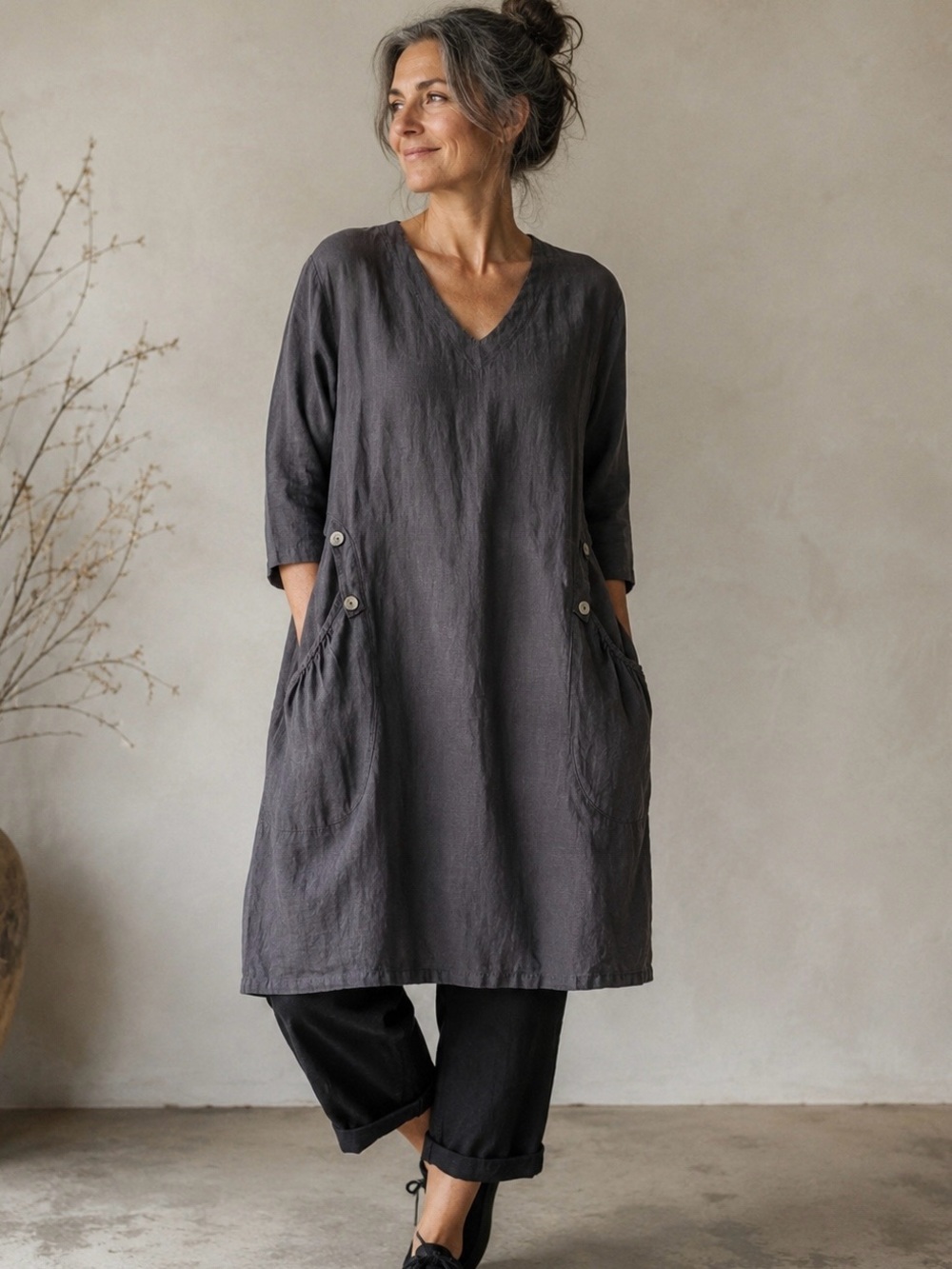MATCH POINT USA 100% Linen Lagenlook Dress Charcoal Gray Shell Button Pockets M